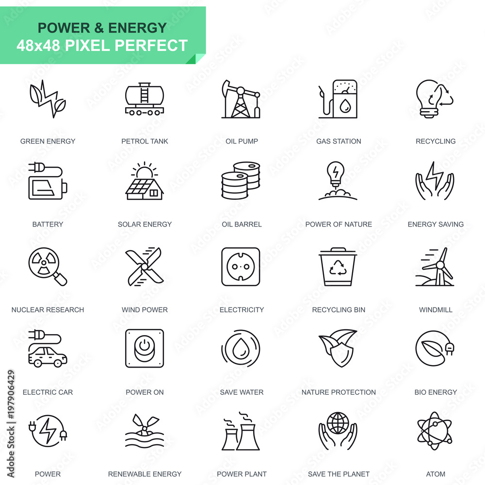 Simple Set Power Industry and Energy Line Icons for Website and Mobile Apps. Contains such Icons as Recycling, Petrol Tank, Oil Pump. 48x48 Pixel Perfect. Editable Stroke. Vector illustration.