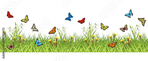Green grass, spring flowers and butterflies. Vector seamless horizontal background for card, banner, poster and web site design, 2 separate layers ready for parallax effect.