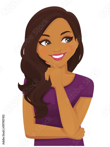 Cute thinking black woman looking away isolated on white background