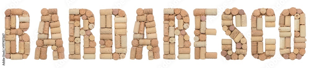 Grape variety Barbaresco made of wine corks Isolated on white background
