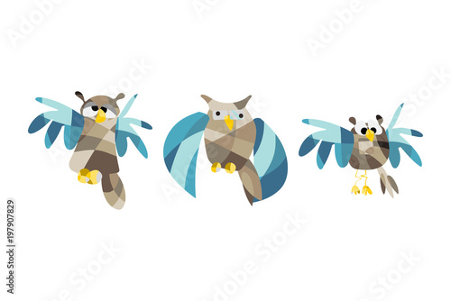Cute owl pictures. Vector illustration set of owls in origami style