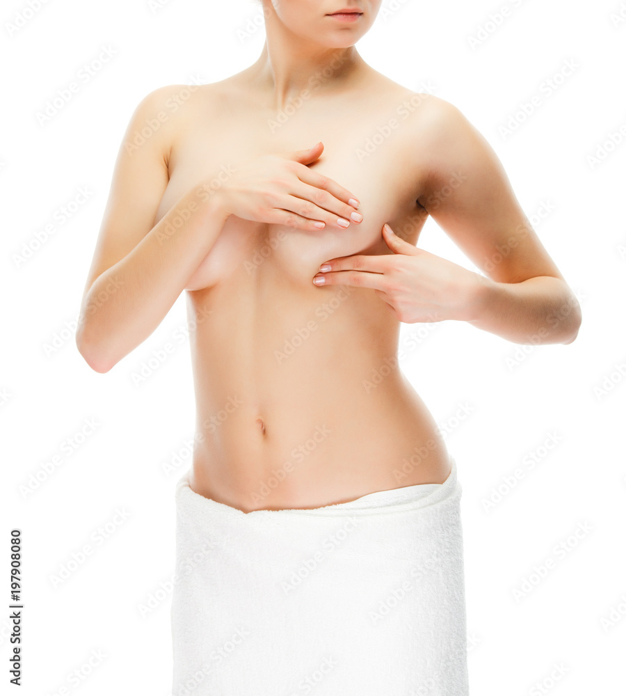 Fototapeta premium Woman examining breast isolated on white background