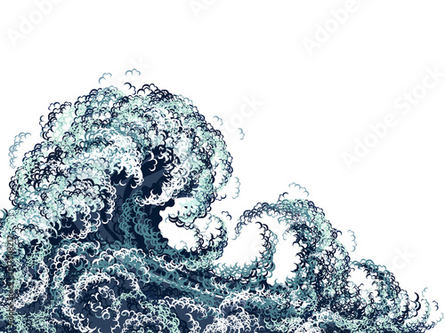Sea wave in oriental vintage retro style. Hand drawn vector illustration.