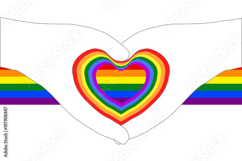 Heart shape of hand outlines on colorful rainbow ribbon; white (transparent) background. Color symbol of LGBT / GLBT / LGBTQ pride flag (red, orange, yellow, green, blue, violet). Vector illustration.