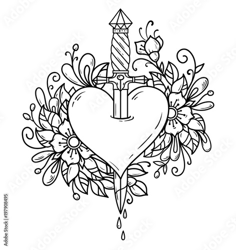 Heart decorated with flowers pierced with dagger