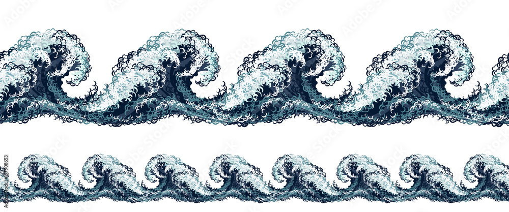 Sea waves. Two horizontal seamless patterns in oriental vintage retro style, hand drawn vector illustration. Sea waves. Two horizontal seamless patterns in oriental vintage retro style, hand drawn vector illustration.