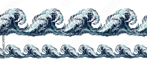 Sea waves. Two horizontal seamless patterns in oriental vintage retro style, hand drawn vector illustration.