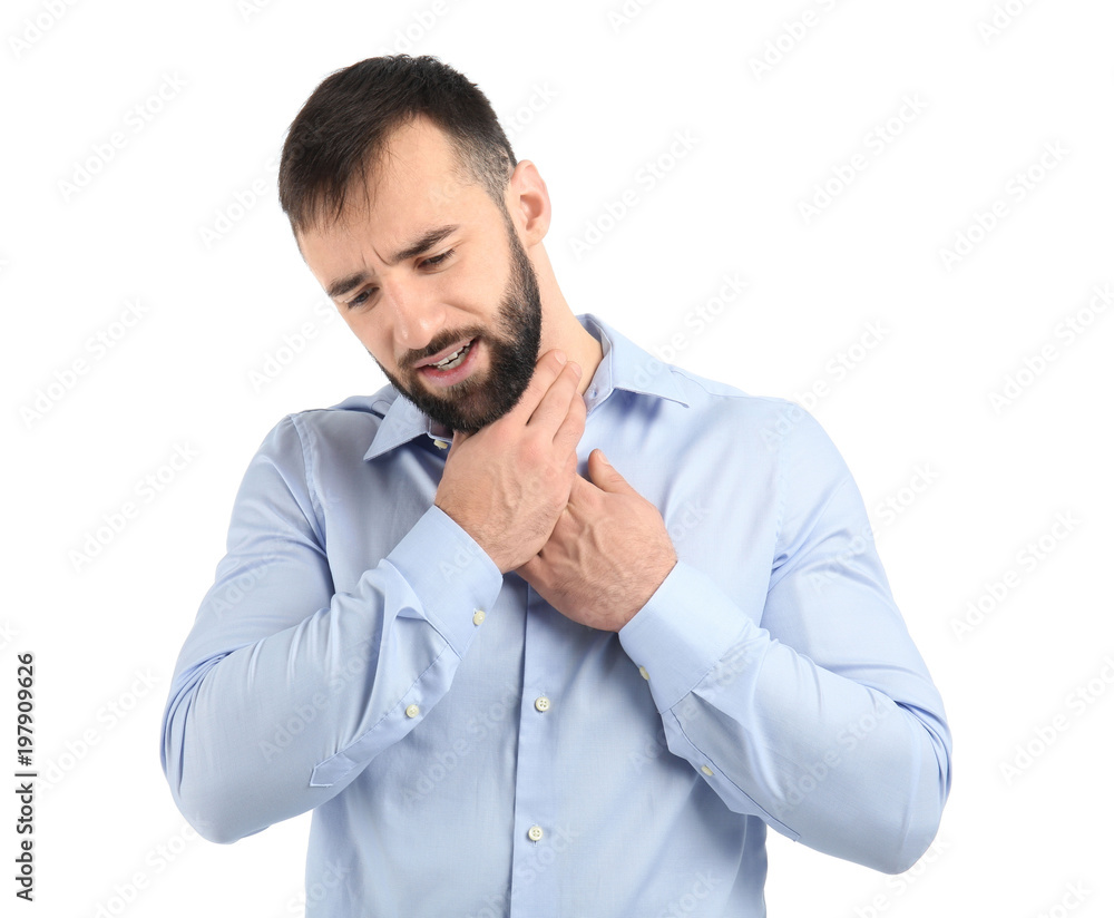 Young man suffering from sore throat on white background Young man suffering from sore throat on white background