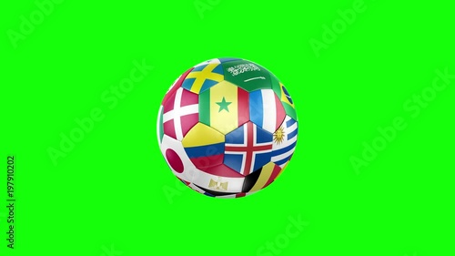 Flags of countries gather in a rotating soccer ball. Green Screen.