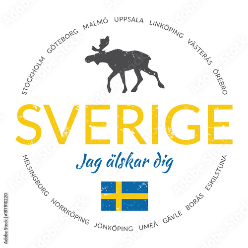Sverige grunge button with flag ("Sweden - I love you") 
