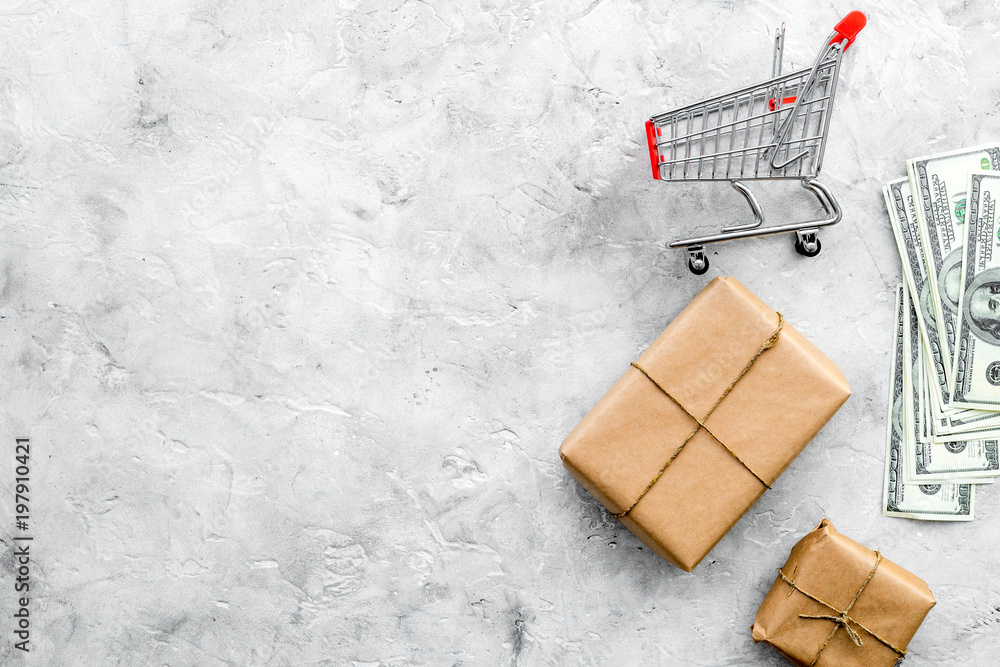 Parcels box and trolley in delivery service office stone background top  view space for text Stock Photo | Adobe Stock