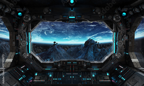 Fototapeta Naklejka Na Ścianę i Meble -  Spaceship grunge interior with view on planet Earth