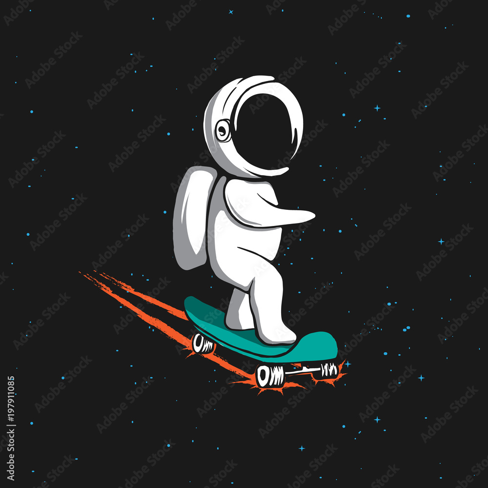 Little astronaut rides on skateboard through the universe.Space vector  illustration.Prints design Stock-Vektorgrafik | Adobe Stock