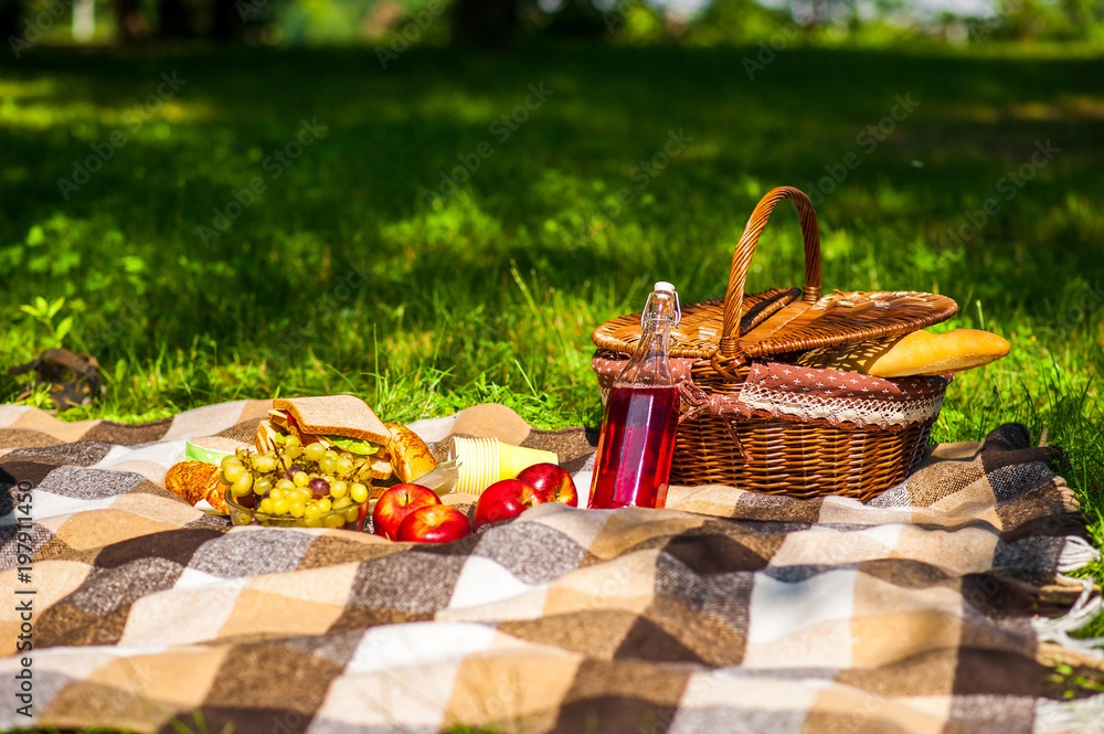 Picnic in nature. In the park or garden. Grapes apples sandwiches with wine or juice. Basket with food. Picnic Blanket.