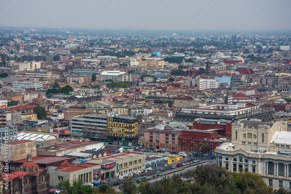 Skyline in Mexico City, aerial view of the city