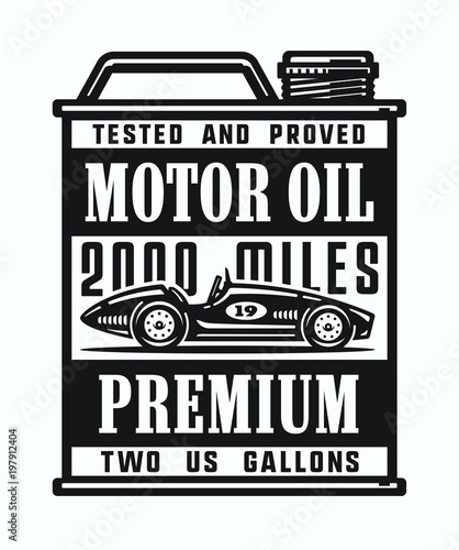 Monochrome vintage motor oil can with old sport car.