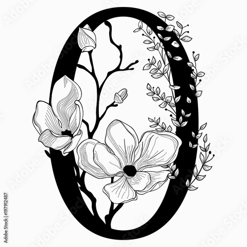 Vector Hand Drawn floral Zero monogram and logo