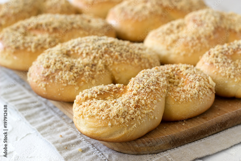 Traditional Romanian and Moldavian sweet buns in the form of eight with honey glaze and nut crumbs. Traditional Romanian and Moldavian sweet buns in the form of eight with honey glaze and nut crumbs.