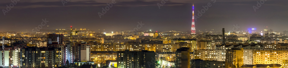 Panorama of night aerial view of Ivano-Frankivsk city, Ukraine.
