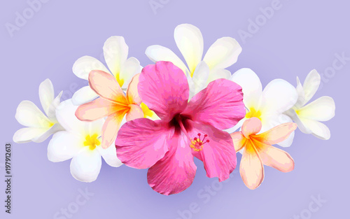 Tropical flowers vector bouquet on violet background