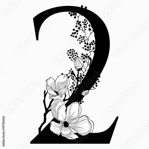 Vector Hand Drawn floral Number Two monogram and logo