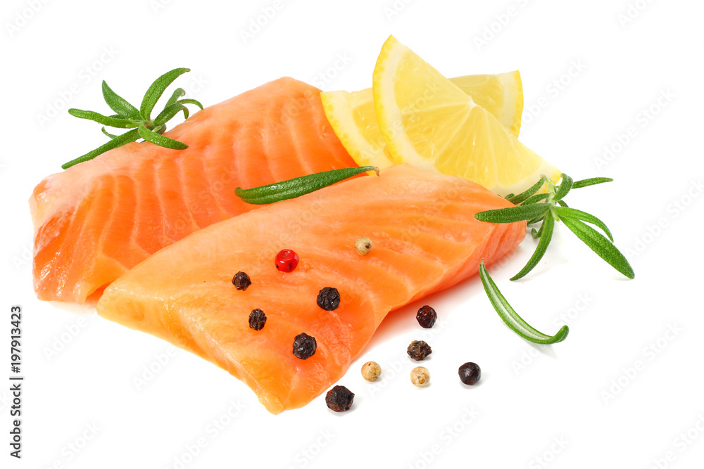 Red fish. Raw salmon fillet with rosemary isolate on white background Red fish. Raw salmon fillet with rosemary isolate on white background