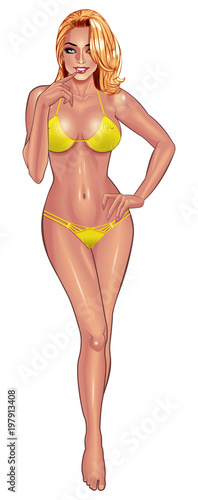 Beautiful sexy young women in yellow bikini isolated on white background. Beach summer lady with with perfect fitness body. Use for logos, print products, web decor or other design. Vector.