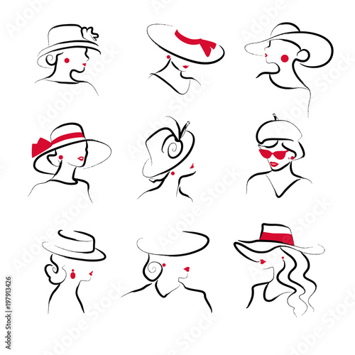 Vector artistic hand drawn stylish young lady portrait set isolated on white background.