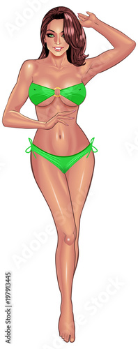 Beautiful sexy young women in green bikini isolated on white background. Beach summer lady with with perfect fitness body. Use for logos, print products, web decor or other design. Vector.