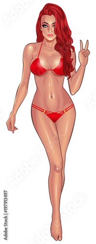 Beautiful sexy young women in red bikini isolated on white background. Beach summer lady with with perfect fitness body. Use for logos, print products, web decor or other design. Vector.