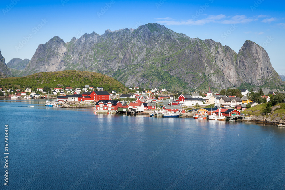 Picturesque fishing town of Reine by the fjord on Lofoten islands in Norway