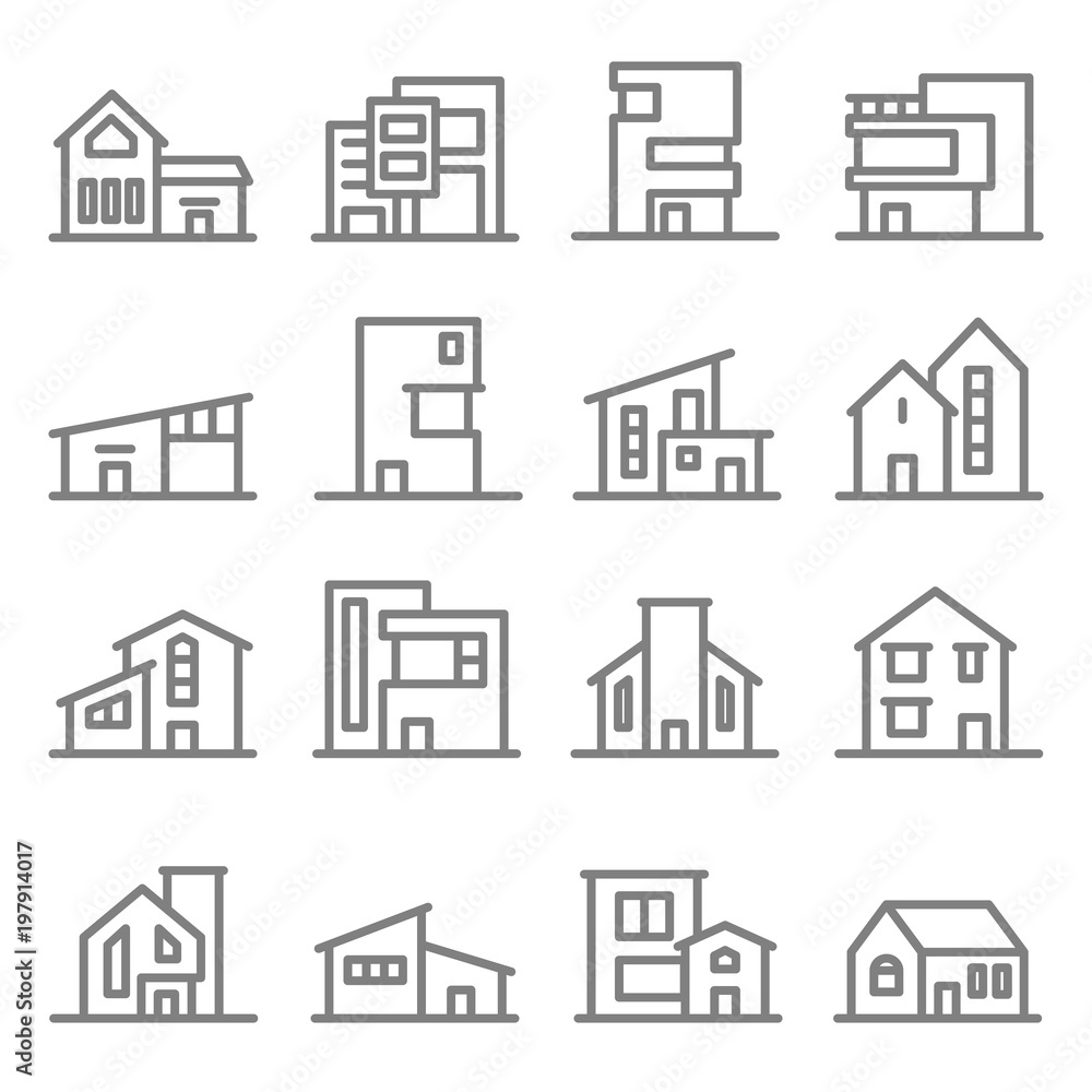 Various Real Estate Property Modern Style Buildings vector line icon set Various Real Estate Property Modern Style Buildings vector line icon set
