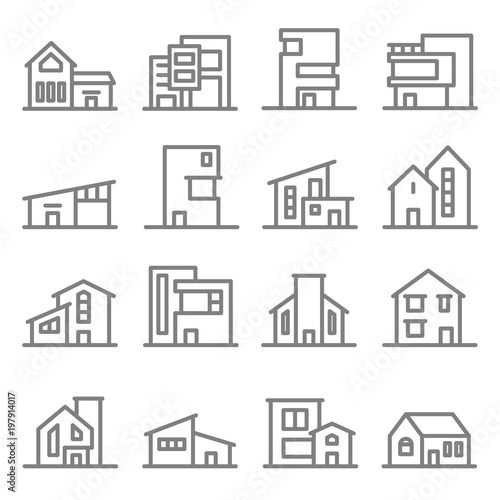 Various Real Estate Property Modern Style Buildings vector line icon set