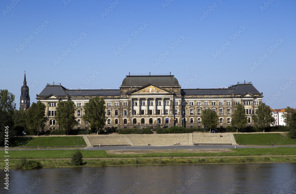Dresden. Saxon State Ministry of Finance building on the Elbe river..