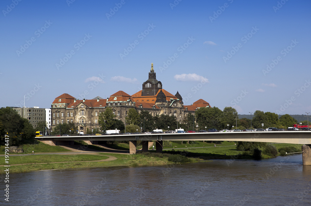 Dresden. Saxon State Chancellery on the Elbe river.
