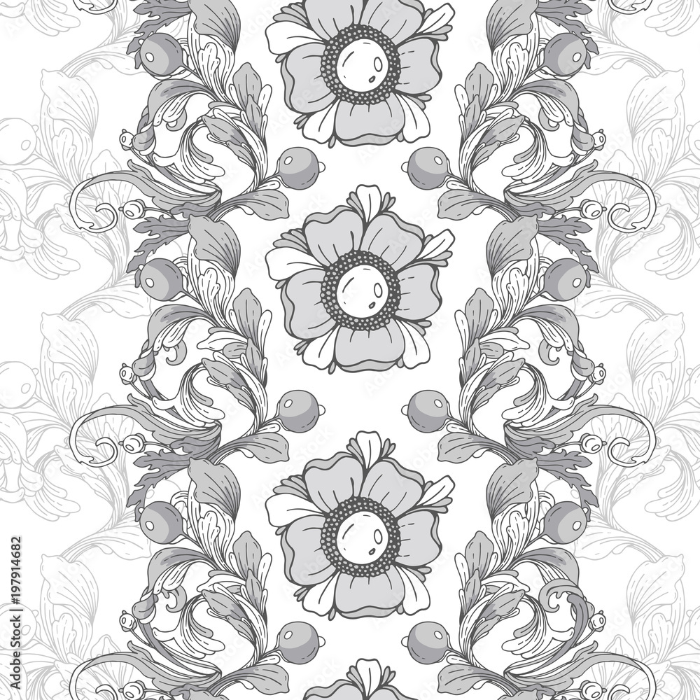 Fototapeta premium Vector seamless background. Beautiful gray fantastic floral border ornament delicate.