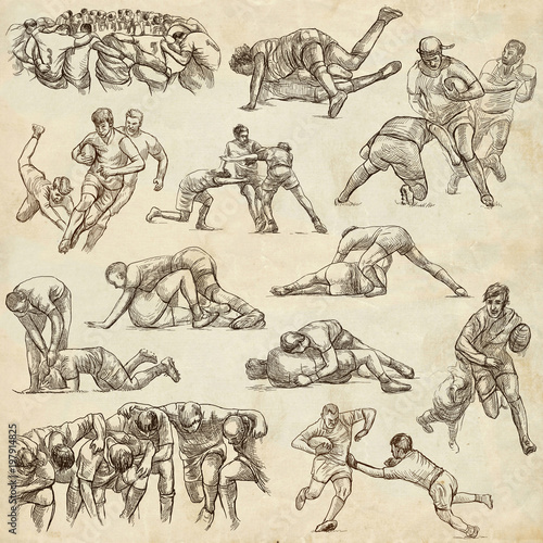 RUGBY - An hand drawn freehand collection. Line art pack of some sportmen on old paper.