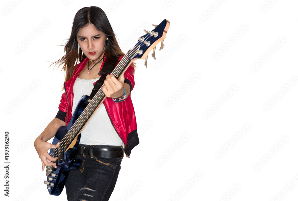 Young and beautiful rock girl playing the 5 strings electric bass