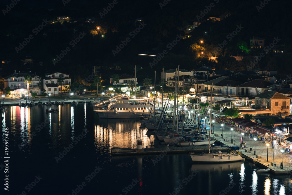 Panorama of the center of the town of Sivota in Greece at night