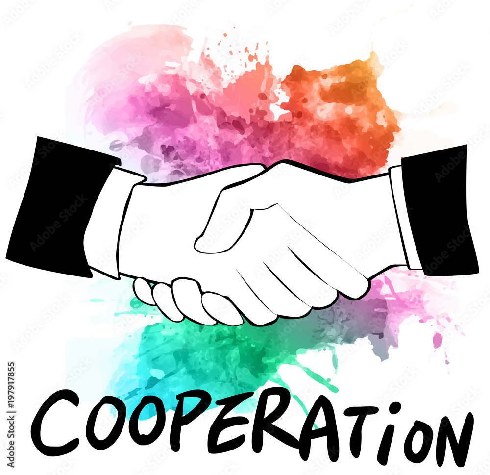 Business icon handshake with word Cooperation on watercolor background