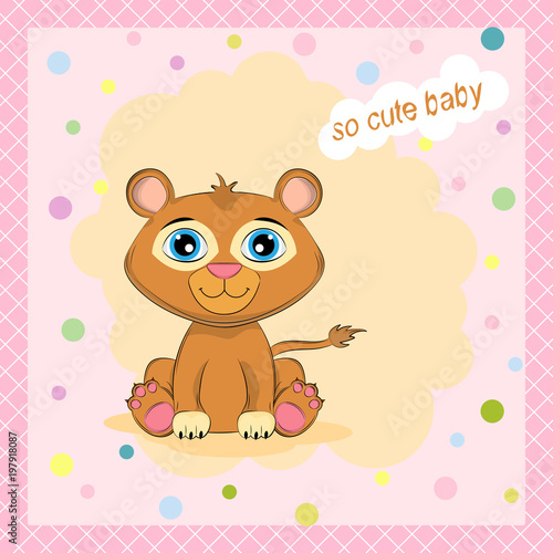 Fototapeta Naklejka Na Ścianę i Meble -  Сartoon little leon with lettering So Cute Baby.