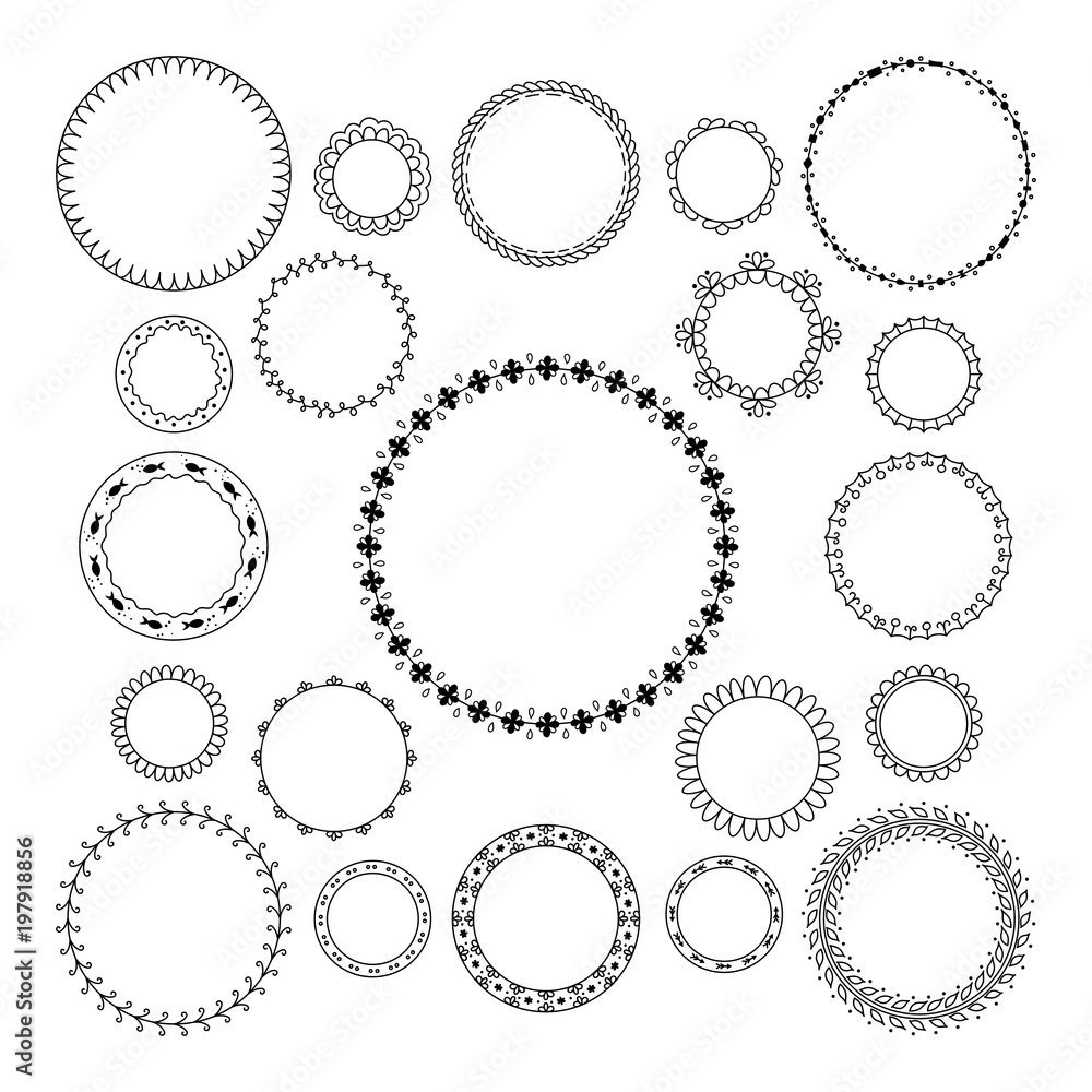 Vector set of round and circular decorative patterns for design frameworks and banners. Black geometric frame