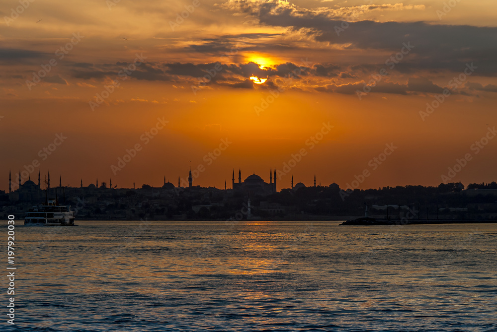 Istanbul, Turkey, 17 June 2007: Silhouette of Istanbul at sunset