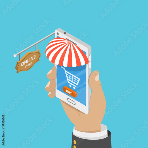Mobile store flat isometric vector concept. Hand is holding a smartphone that looks like a shop front.