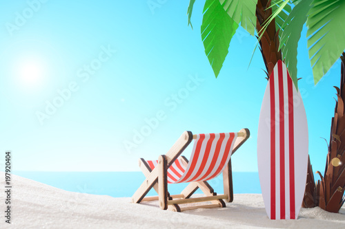 Tropical still life. Dawn on the sandy coast with palm trees. A chaise longue and a surfboard on the beach