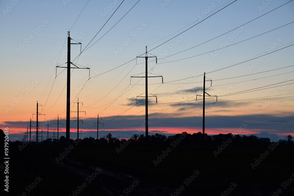 Electric powerlines at night