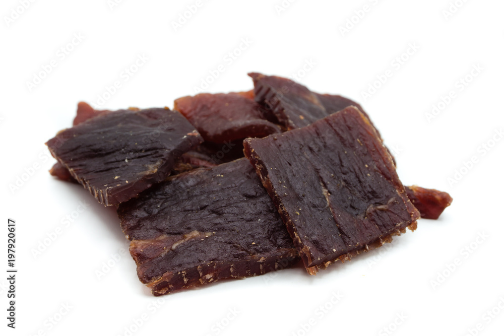 Trockenfleisch Dörrfleisch isoliert freigestellt auf weißen Hintergrund, Freisteller
Trockenfleisch Dörrfleisch isoliert freigestellt auf weißen Hintergrund, Freisteller