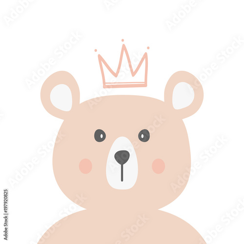 Head of funny bear with crown. Drawn by hand. Cute animal.