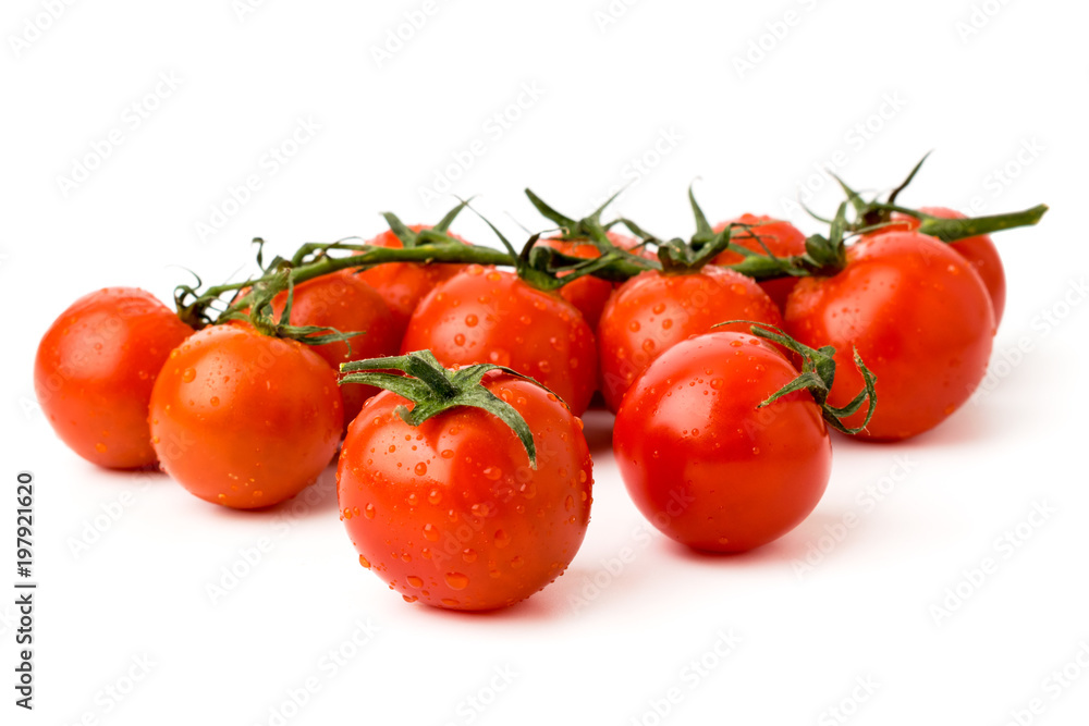 Ripe cherry tomatoes with water drops on a white background.