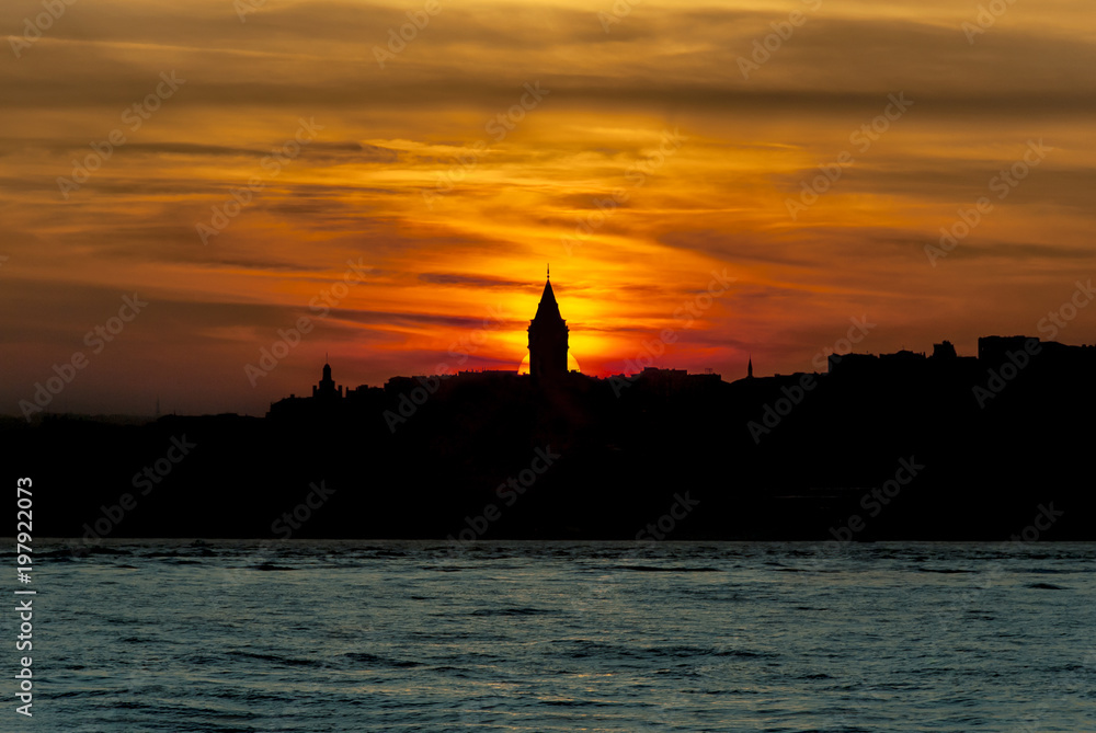 Istanbul, Turkey, 28 March 2006: The Galata Tower in Istanbul silhouette.
